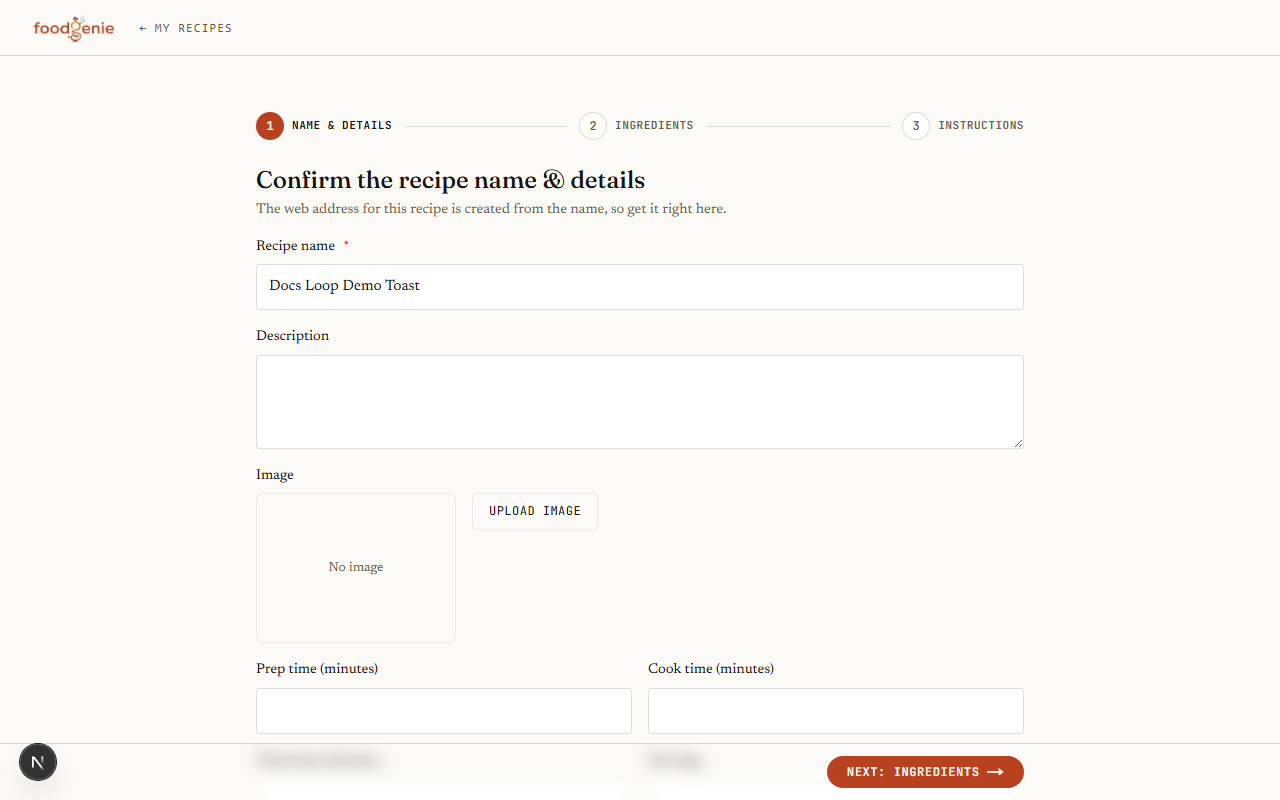 Pasting recipe text, tapping Import, and the review wizard appearing with the parsed recipe