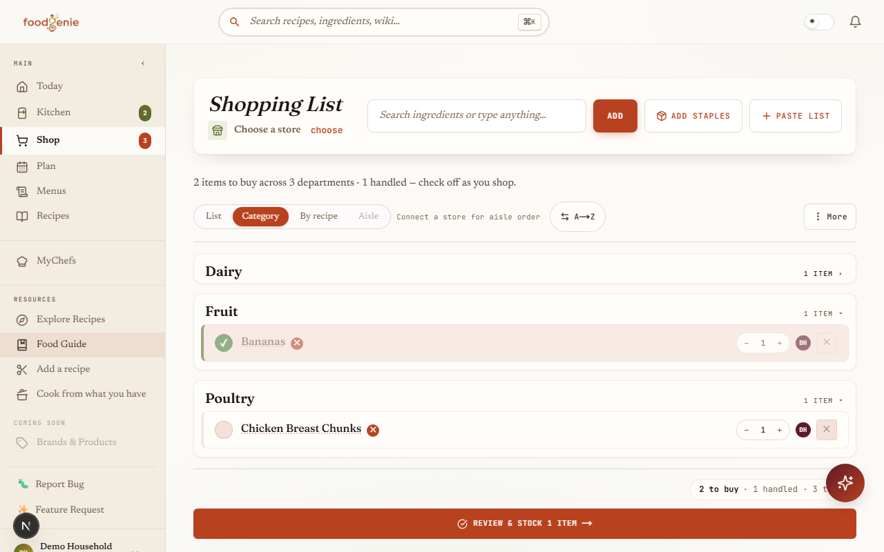 Checking a shopping list item off, then switching to Category view and collapsing a department group