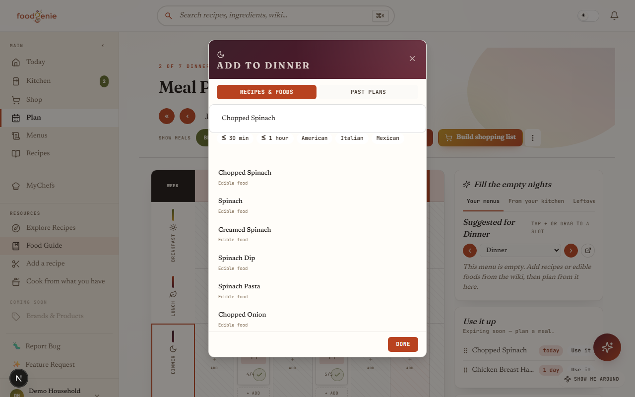 Tapping Use it on an edible about-to-expire item, then Add to a meal opens the pre-searched quick-add sheet