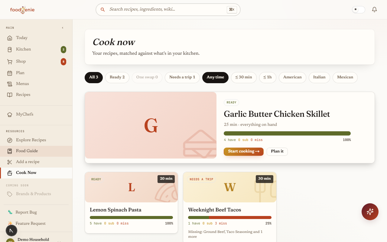 Cook Now — recipes tiered by ready now, one swap away, and needs a shopping trip