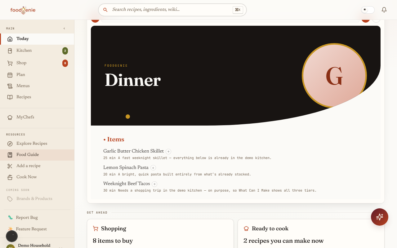 The dashboard's Your menus zone, showing a styled menu with a + button beside each dish for adding it to today