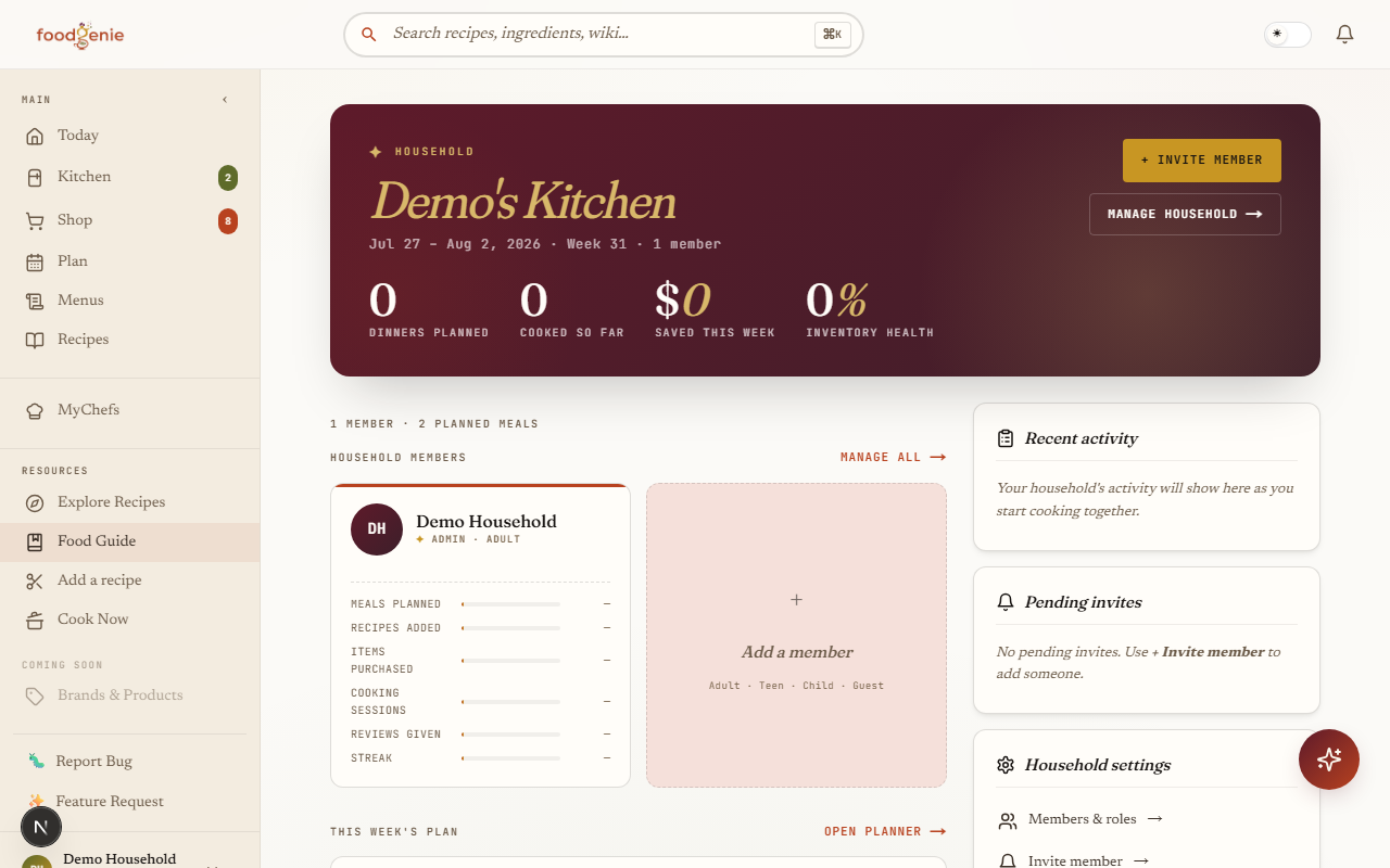 The household view — shared members, contributions, and activity