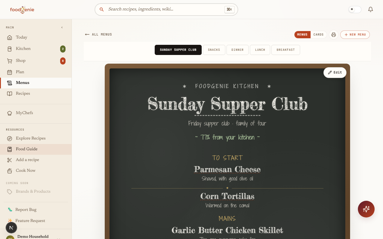 A menu called Sunday Supper Club rendered in the Chalkboard Bistro design — a To start section with two foods, then Mains, with a “77% from your kitchen” line under the title