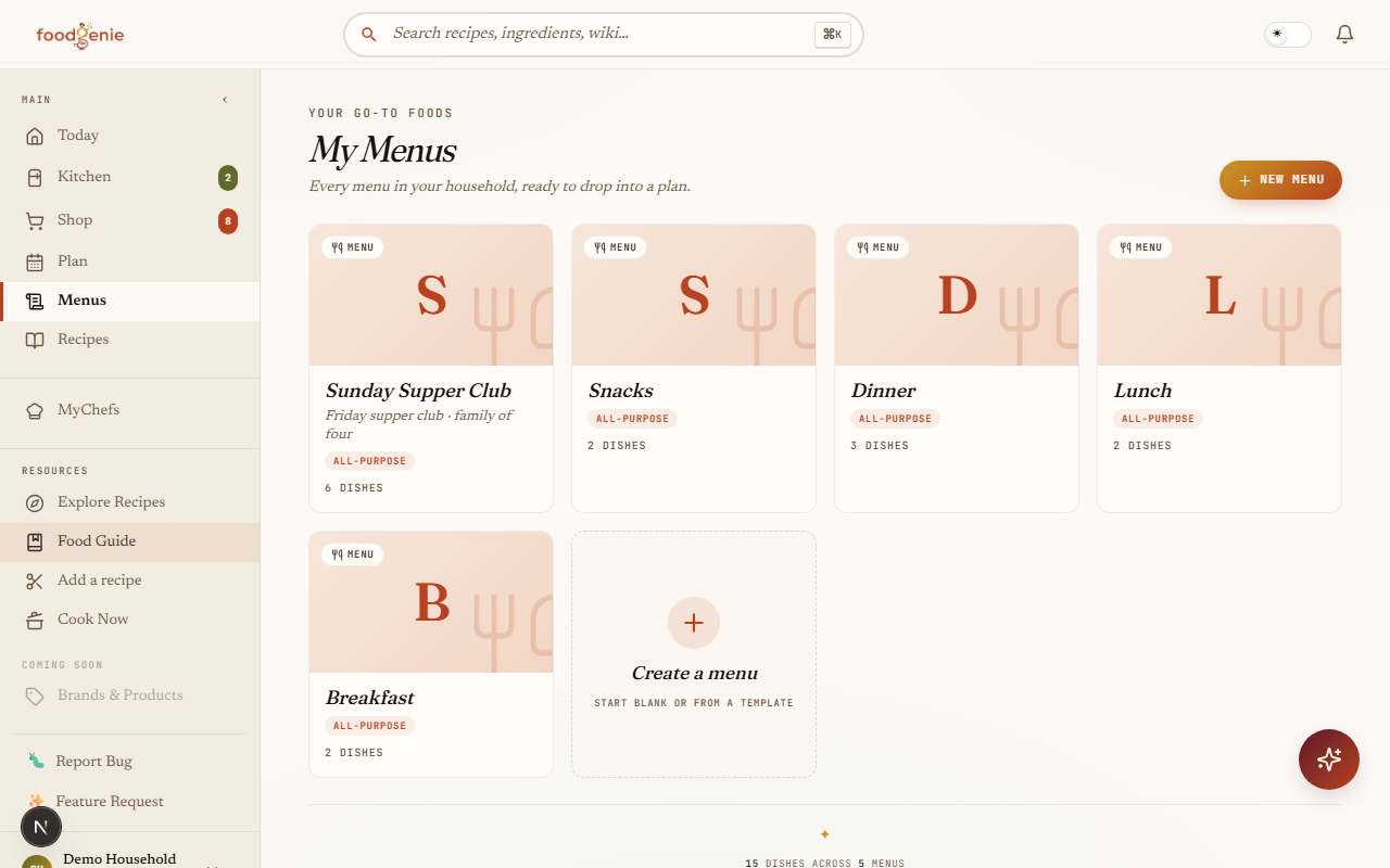The MyMenus overview, showing the household's menus