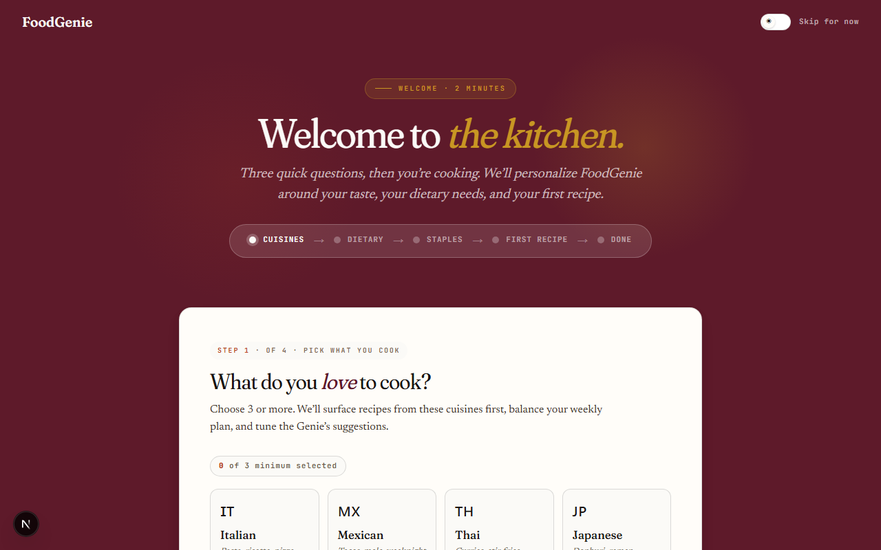 The FoodGenie onboarding wizard's first step, picking cuisines