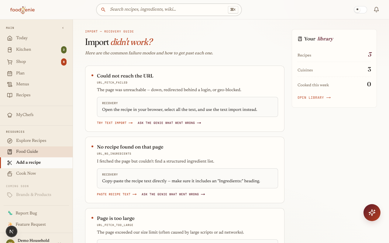 The Recipe Clipper's failure-recovery guide, listing common parse issues and how to fix each one