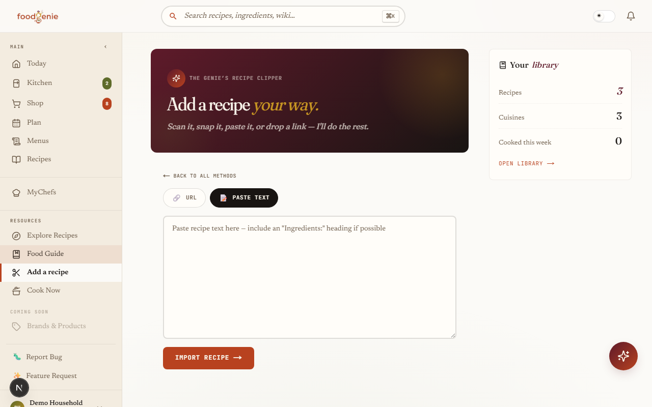 The Recipe Clipper with the Paste text method open — a large box for pasting a recipe, with URL as the other tab