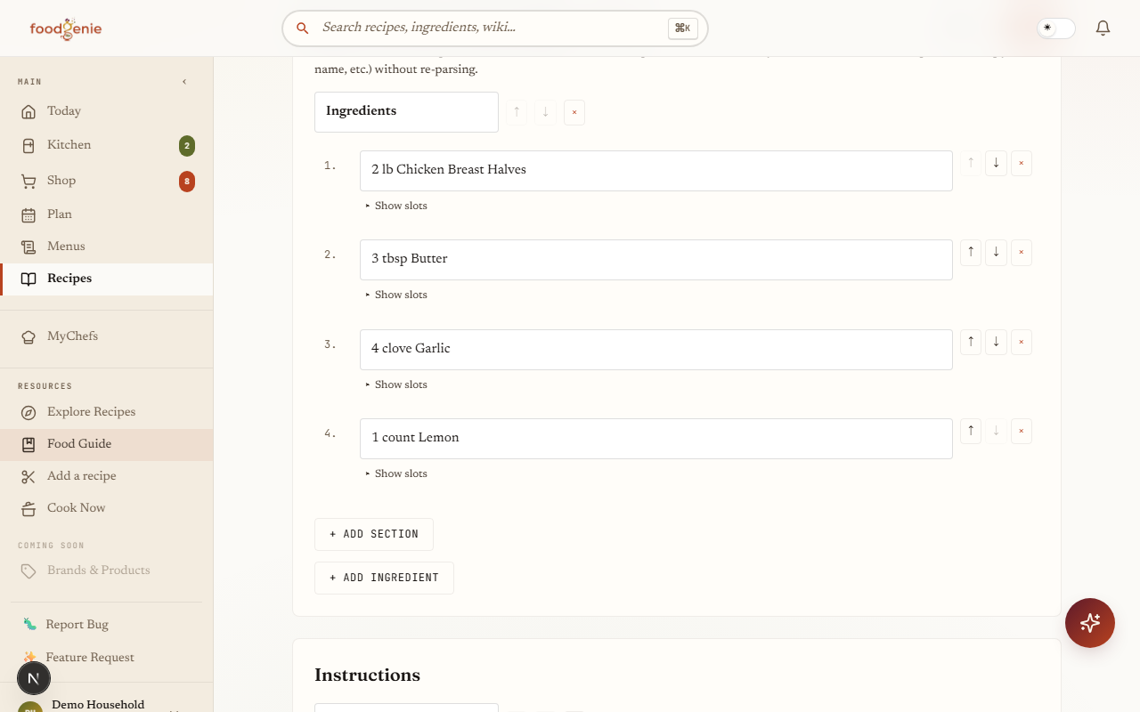 The recipe editor's ingredient section for an existing recipe, showing each ingredient's raw text with a Show slots link and Add section / Add ingredient buttons