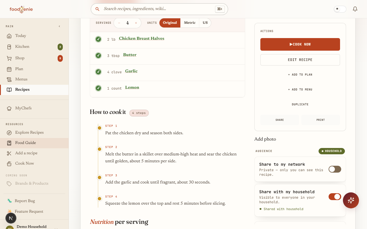 A recipe's ingredient list, each line showing its parsed quantity and unit separately from the food name, with a green check where the kitchen already has it