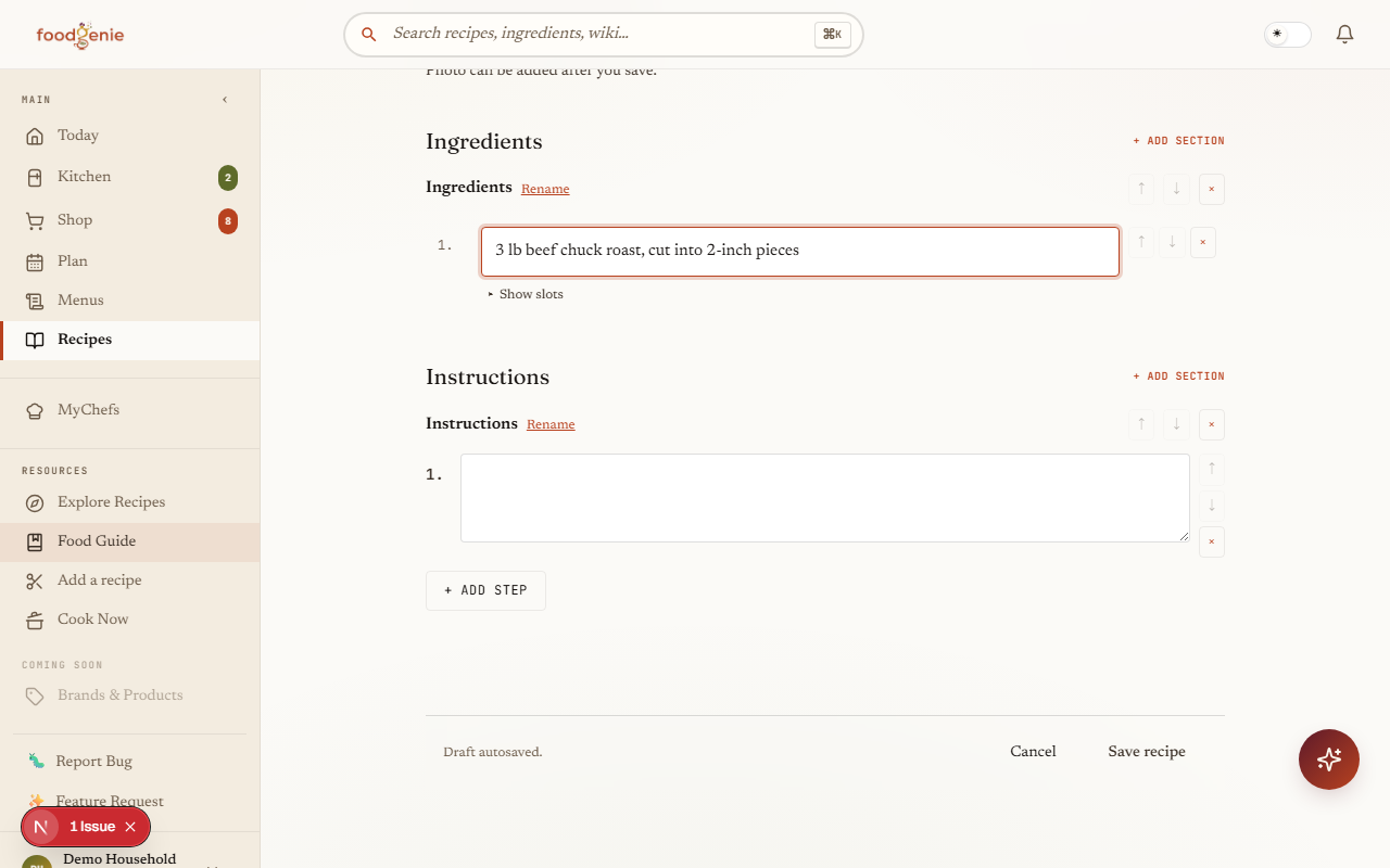The ingredient area of the New recipe form, with one free-text line typed in and a “Show slots” link beneath it