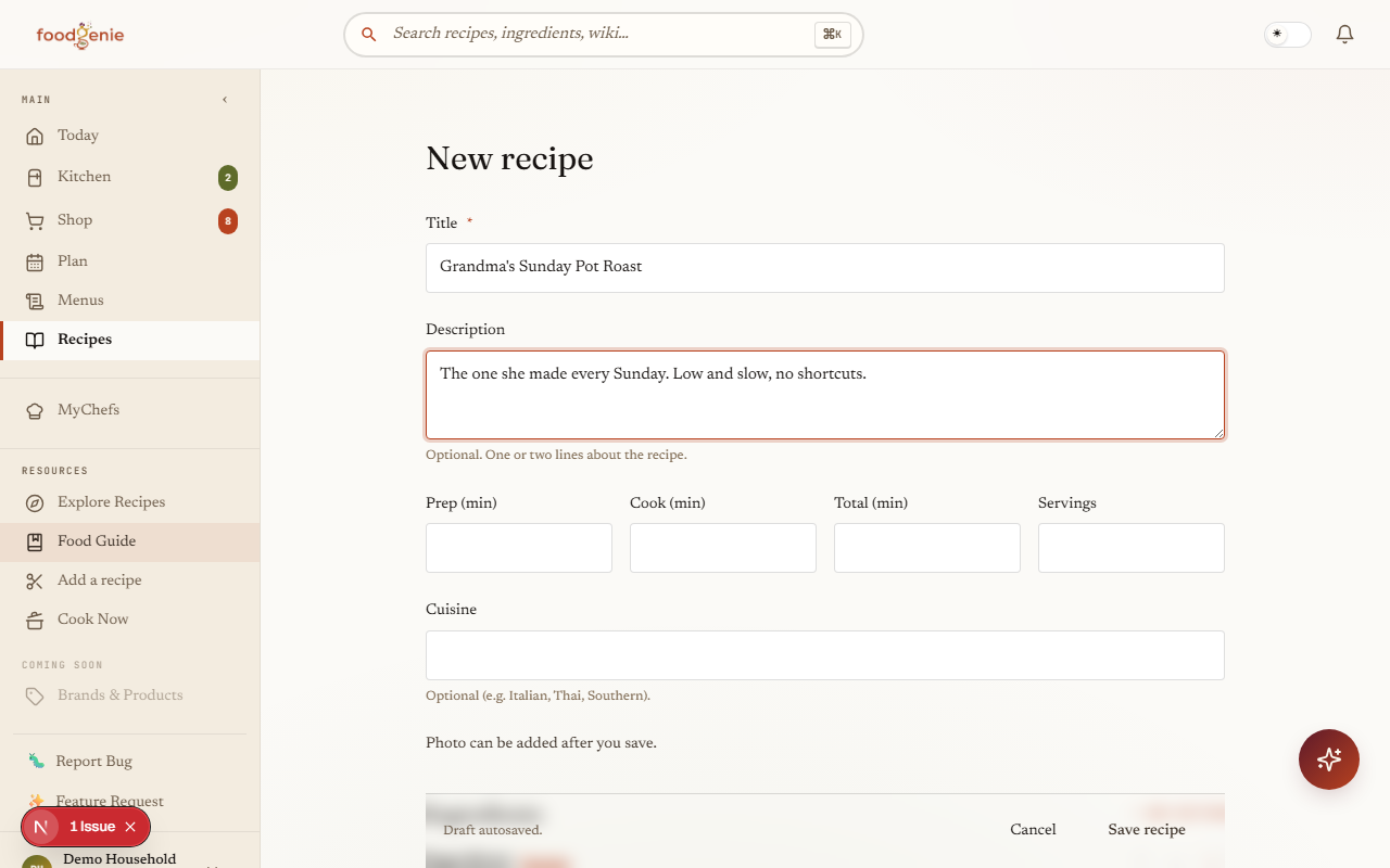 The New recipe form with a title and description filled in, showing the optional time, servings and cuisine fields and a “Draft autosaved” note