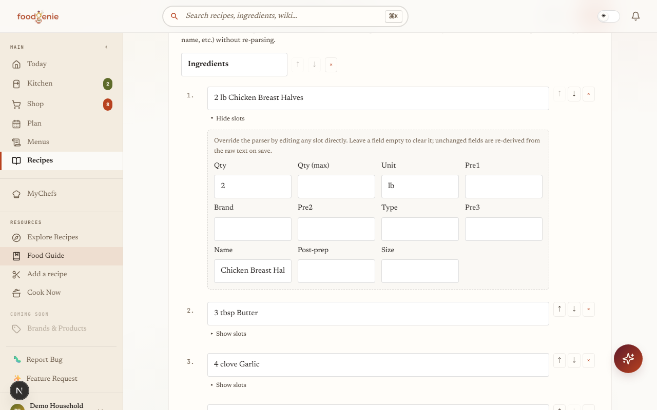 An ingredient row in the recipe editor with its slot editor expanded, showing Qty, Qty (max), Unit, Pre1, Brand, Pre2, Type, Pre3, Name, Post-prep and Size fields filled from the parsed line