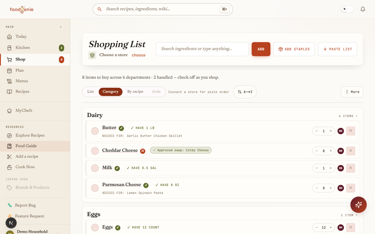 The same shopping list grouped by department, with Dairy and Eggs expanded and a per-item “needed for” note