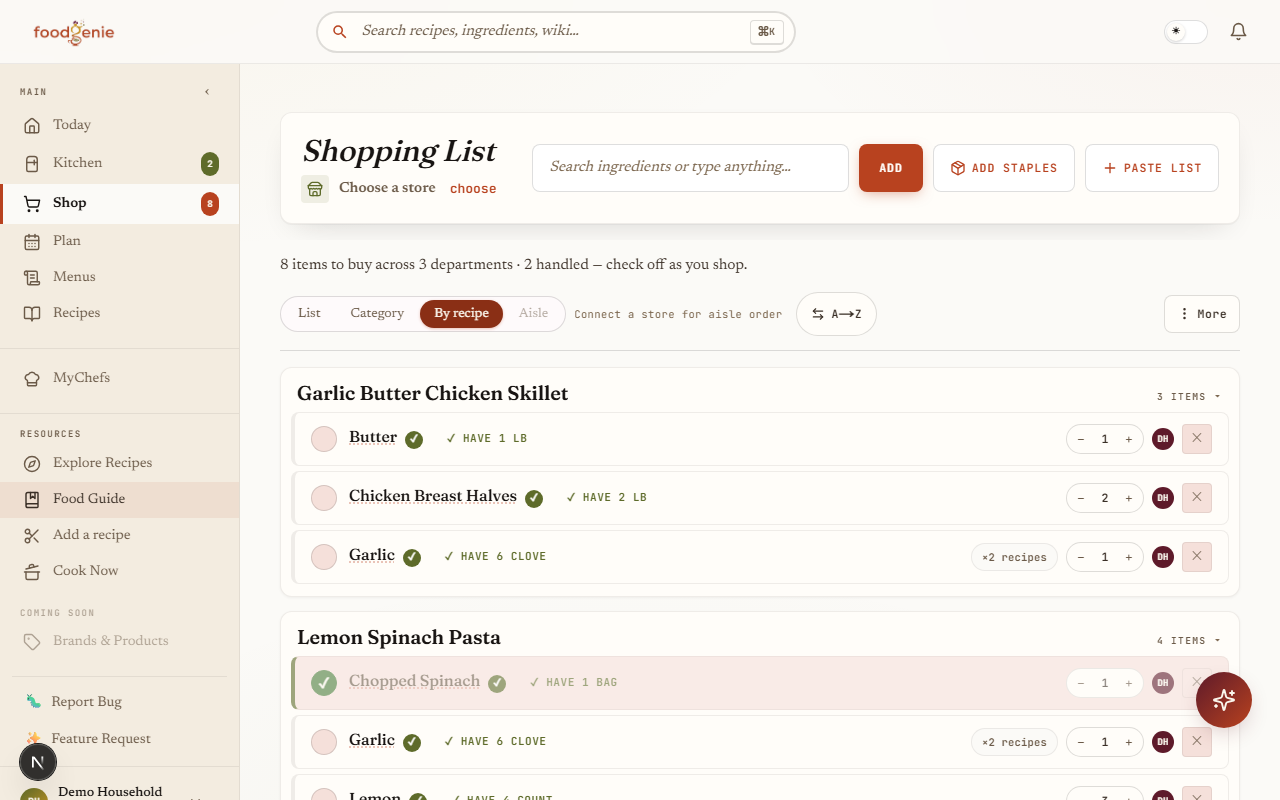 The same shopping list grouped by recipe — Garlic Butter Chicken Skillet and Lemon Spinach Pasta each with their items, and garlic tagged “×2 recipes” under both