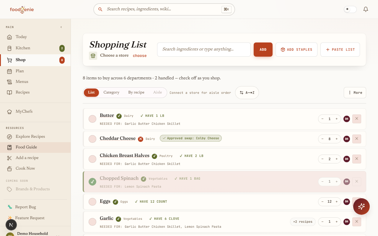 The FoodGenie shopping list grouped by department, with recipe attribution and have-it-already flags
