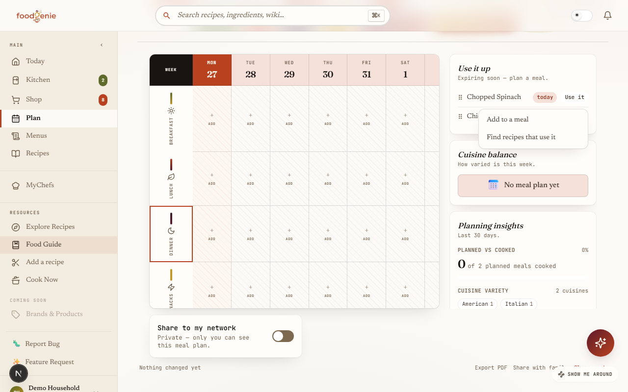 The Meal Planner's sidebar, with an about-to-expire item's Use It Up chooser open